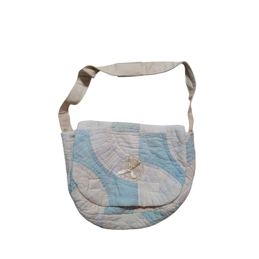 Vintage 90s Handmade Quilted Tote Bag Blue White Hobo
